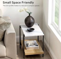 2 Tier End Table with Metal Frame, Rectangular Side Table Faux Marble Top Bedside Nightstand with 2 Wood Open Storage Shelves for Bedroom Living Room