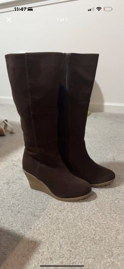Dark brown suede-like wedge heel knee-high boots