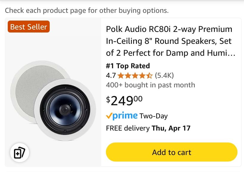 Brand New Polk Audio RC80i High Performance In-Wall Speakers