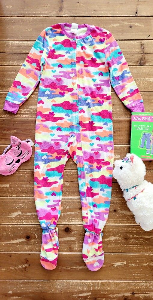 4T-5T MULTICOLOR BRIGHT CAMO FOOTED ONESIE FLEECE PAJAMA