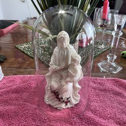 $25-Vintage Mary and Jesus Stone Figurine, Sculpture, Statue, White with Red Flowers, 1975