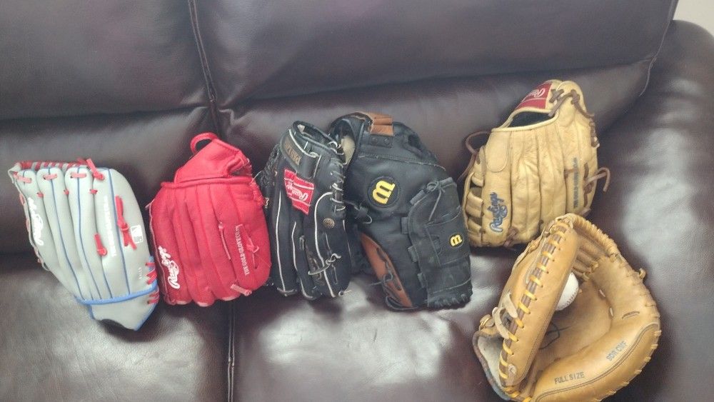 Selling As A Bundle (6) Baseball Gloves ,Great Condition! & Baseball ( Tony The Tiger) Edition