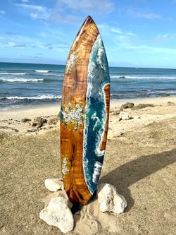 Surfboard Art Hawaiian Koa Wood 77 inches ocean resin floral design