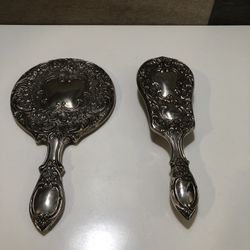 Vintage Silver Plate Heavy Ornate Floral Vanity Hand Mirror& Brush Approx. 9”x5”