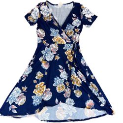 Women's M Blue Floral Faux Wrap Hi-Lo Dress Short Sleeve