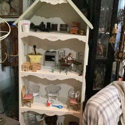 Big Doll House Painted Book Case  Including  Some Furniture Pick Up Only No Shipping