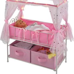 Metal Doll Crib w/ Canopy, Storage & LED Lights Pink/White Stars – Fits Dolls up to 20 inches