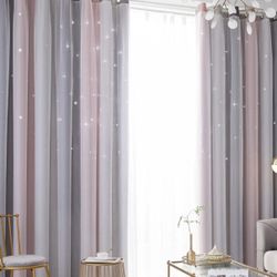 2pc Star Stripe Double-Layer Curtain For Bedroom W132*H183 (H72”*W52)