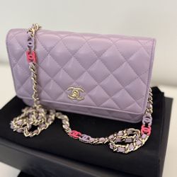Gorgeous Light Purple Chanel Flap Handbag With Charm Chain Detail