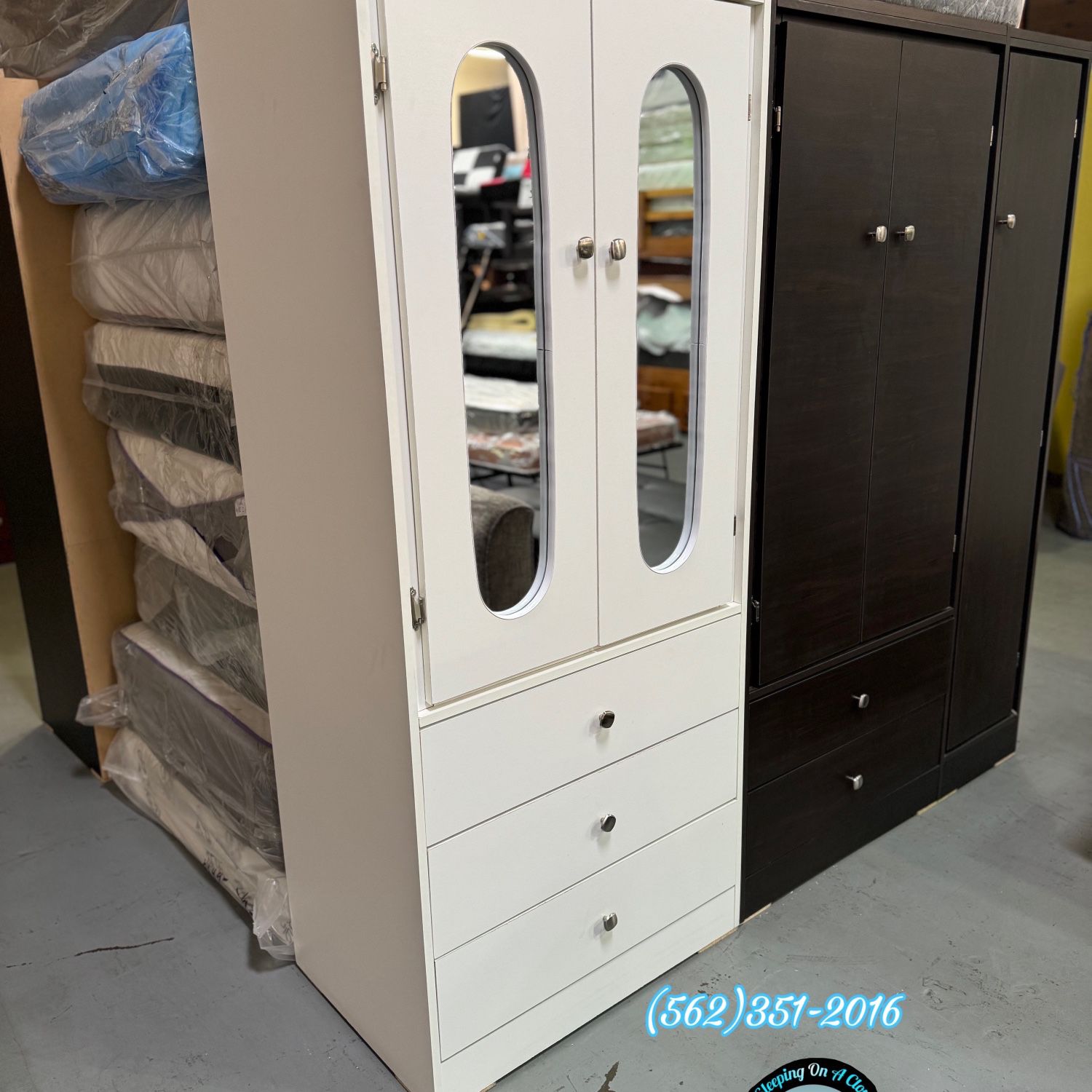 Tall White Assembled Closet Wardrobe With Mirror On Doors And 3 Drawers 