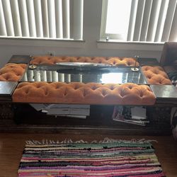 Vintage Table Made Of Carved Wood, Tufted Fabric, And Smoked Glass Mirror Top 