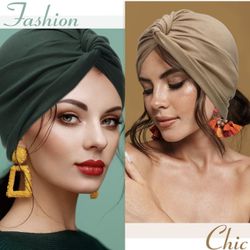 NEW IN PACKAGE 4 Pieces Turbans for Women Soft Pre Tied Knot Fashion Pleated Turban Cap Beanie Headwrap Sleep Hat, 4 Colors 