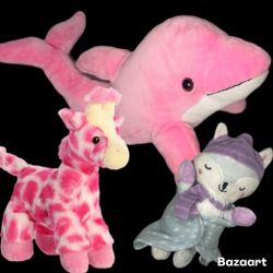 12” Pink Dolphin, 8” Pink Giraffe & 10” Plush Fox with Blanket Swaddle