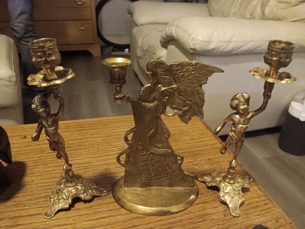 Brass Chrub Candle Holders & Angel 