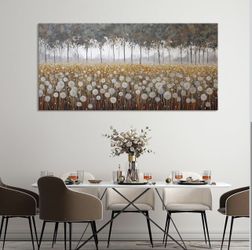 Abstract Landscape Canvas Wall Art Yellow White Dandelion Flower Field Picture Nature Tree Forest Scenery Painting Prints Artwork Modern Rustic Farmho