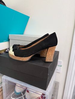 Black Suede Cork Platform Heels with Bow 8.5