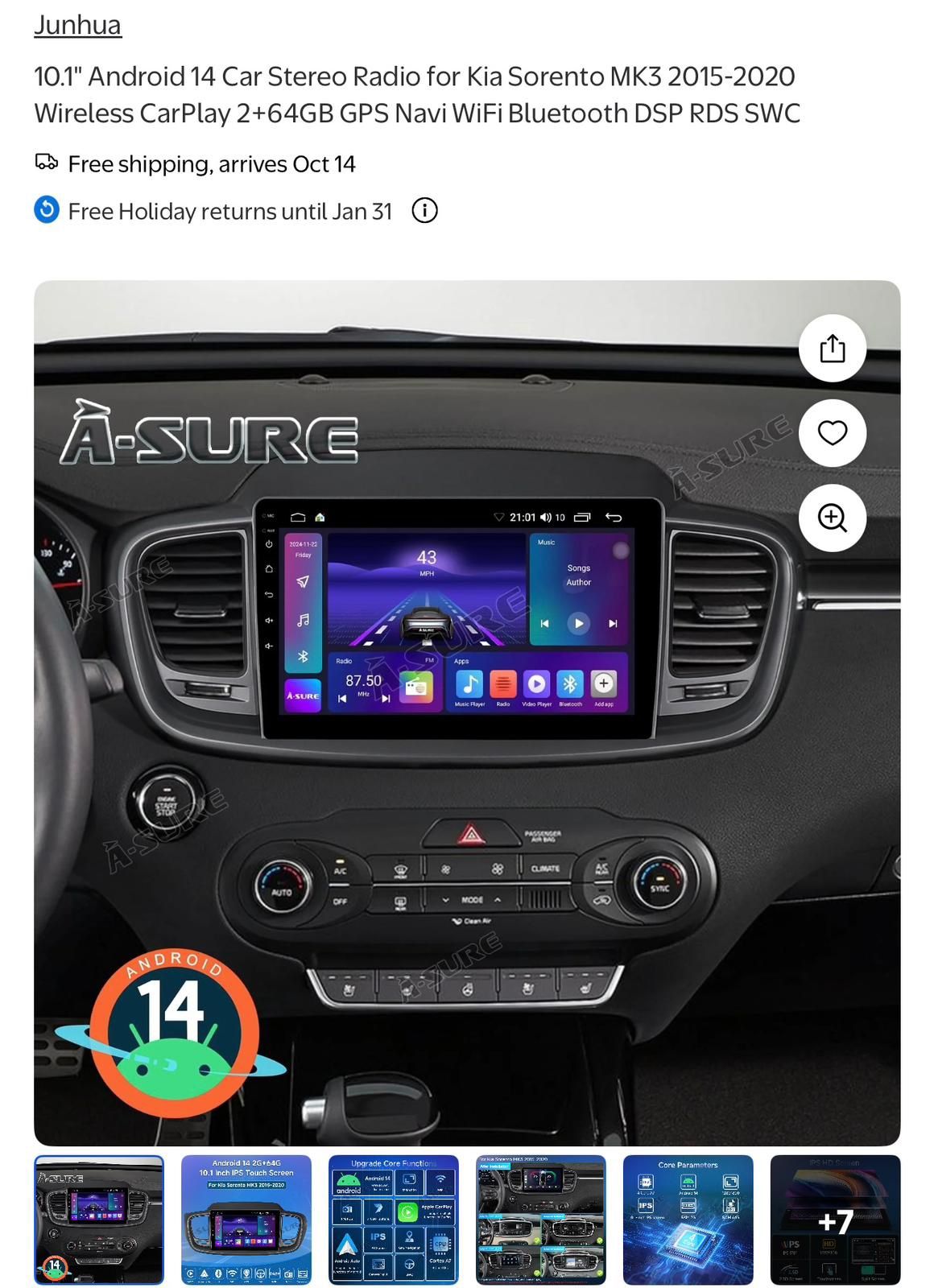 10.1" Android 14 Car Stereo Radio for Kia Sorento MK3 2015-2020 Wireless CarPlay