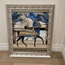 Vintage Mirror With Egyptian Blue and Gold Art Design In Silver Ornate Wood Frame 24x19 Inches