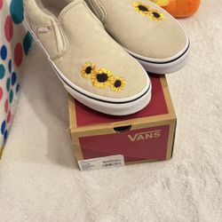 VANS Asher Slip-On Shoes Kid's Size 6 Youth Embroidery Sunflower Taupe