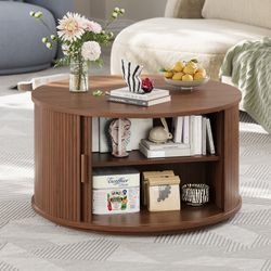 31.5" Modern Round Coffee Table With 360° Curved Sliding Door