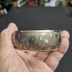 Vintage Tibetan Style Silver-plate Cuff Bracelet Featuring A Detailed Etched Scene Of A Tiger W/Mountains & Tall Grass