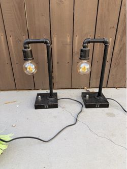 Pair of Industrial Pipe Table Lamps w/ USB Charging Ports – Edison Style