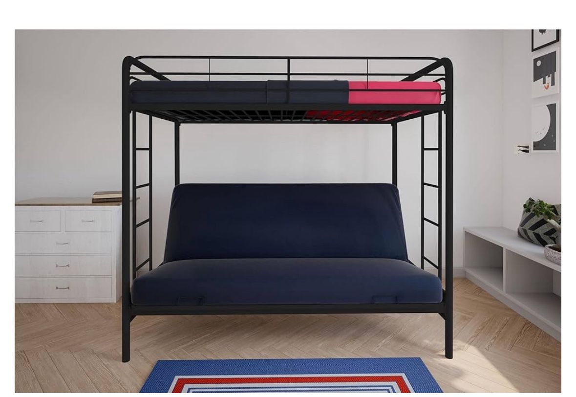 Twin-Over-Futon Convertible Couch and Bed with Metal Frame, Ladder and Guardrails - Black
