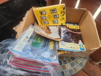 Vintage box of old San Diego Padres Magazines and lineup sheets