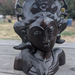 Vintage Hand-Carved 9.5" Balinese Goddess Bust Sculpture in Dark Wood