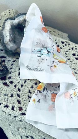 Vintage Mid Century 1960s Sheer Cotton Handkerchief Signed by Chris Fisher featuring a gray and orange floral print.