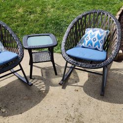 New 3 Piece Set 2 Wicker Steel Frame Rocking Chair with Coffee Table