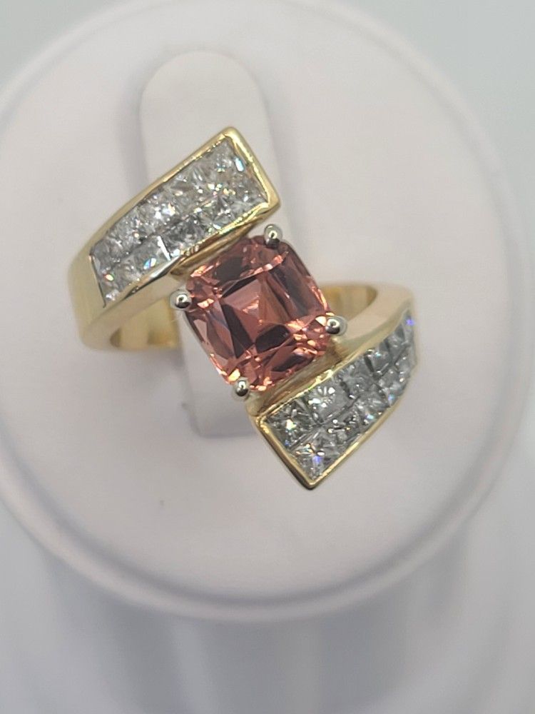 14k Gold 3ct Peach Tourmaline 2.0ctw Diamond Ring