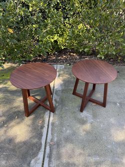 Pair of Solid Wood Round Side Tables / End Tables