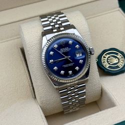 Rolex Datejust 1601 36mm stainless steel jubilee bracelet natural diamond blue dial white gold fluted bezel watch box appraisal
