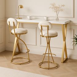 3-Pc Bar Set - 28 in. Gold Metal Bar Stools w/ White PU Leather Seats / 63" Modern White Bar Table [NEW] **Assembly Req**