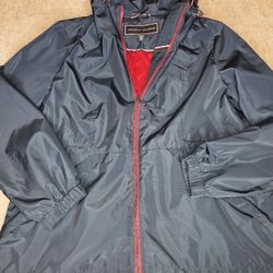 Tommy Hilfiger Rain Jacket Womens M Red &Navy Blue Hooded Full Zip Pleated Back 