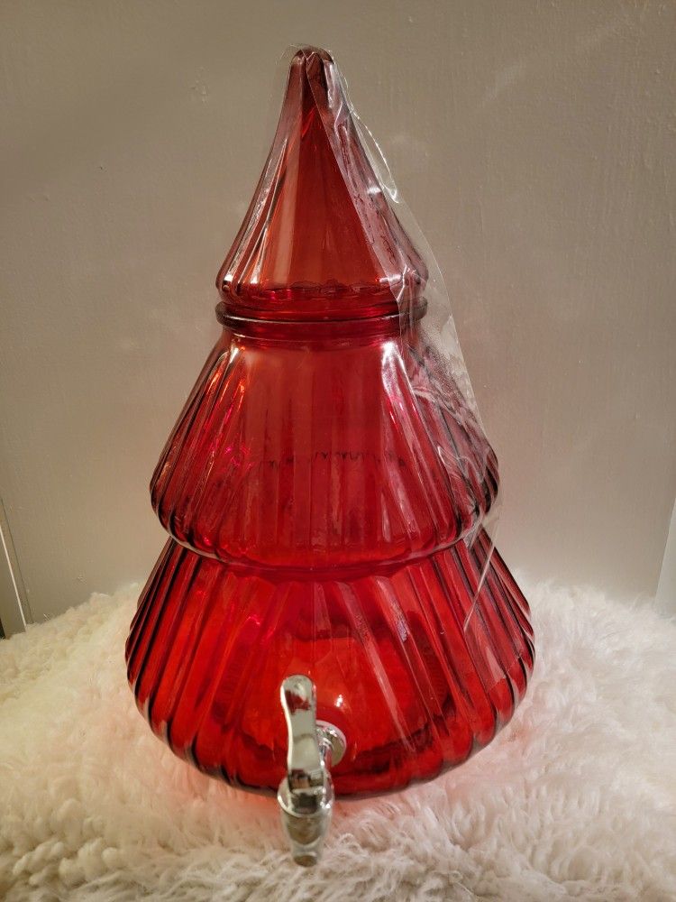 Holiday Time 2.1 Gallon Easy On and Off Lid Red Glass Christmas Tree Beverage Dispenser