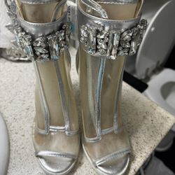 Over Ankle Sexy Silver And Clear Open Toe Shoes With Back Zipper