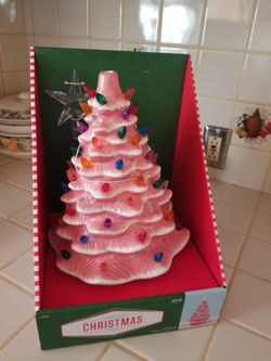 New Lighted Electric Pink Ceramic Christmas Tree-8 in× 8 in × 15 in