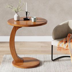 C-Shaped End Table, Round Solid Wood Side Table for Living Room