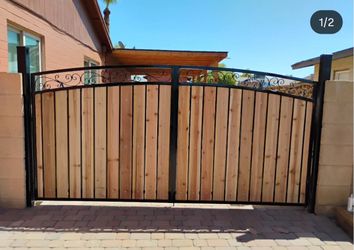 Double Driveway Gate Iron and Wood