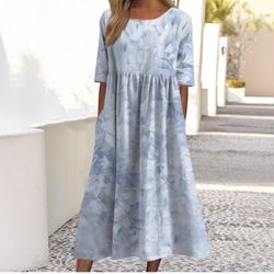 Blue watercolor Women Midi Dress Floral Printed Casual Loose Fit A Line Half Sleeve Sundress Lightweight for Office Travel Date Weekend  Size L   Bran
