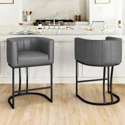 LUE BONA 26.4" H Counter Height Bar Stools Set of 2, Modern Barrel Counter Stools with Backrest and Arms, Black Metal Frame, Faux Leather Upholstered 