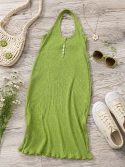 Forever 21 Green Ribbed Halter Neck Midi Dress Size Large