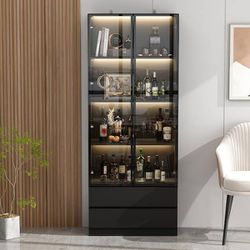 Black Wooden Accent Storage Cabinet With 2-Glass Doors