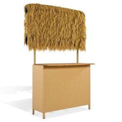 GO Hawaiian-style Bar Height Patio Set with PE Grass Canopy, Outdoor Bar Table and Stools with Adjustable Feet, Acacia Wood Top, for Dining and Drinki