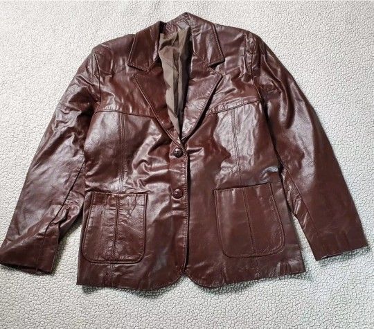 Vintage 1970s Sears The Leather Shop Brown Leather Jacket Women Size 16 Reg