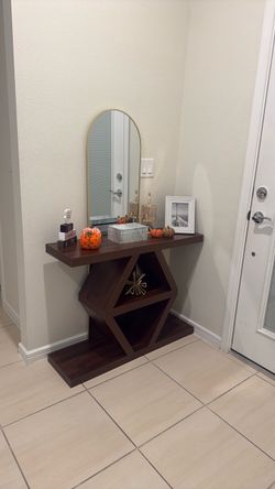 Geometric Console Table with Dark Walnut Finish, Mirror, and Decor