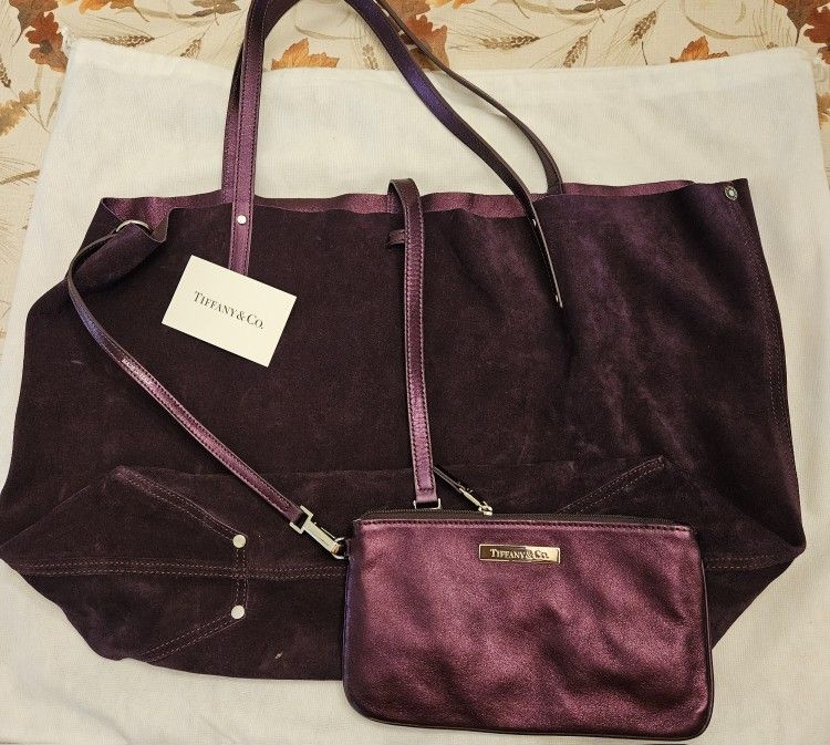 TIFFANY AND CO Leather And SUEDE REVERSIBLE  Bag With Pouch Dark Purple
