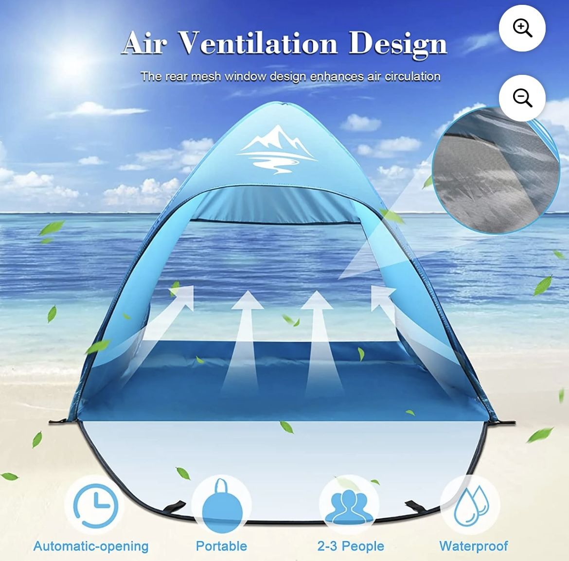 Pop Up Beach Tent UPF 50 Sun Shelter 2-3 Person Automatic Waterproof Fishing Picnic Crenova Camping Tent W/ Carry Bag Blue